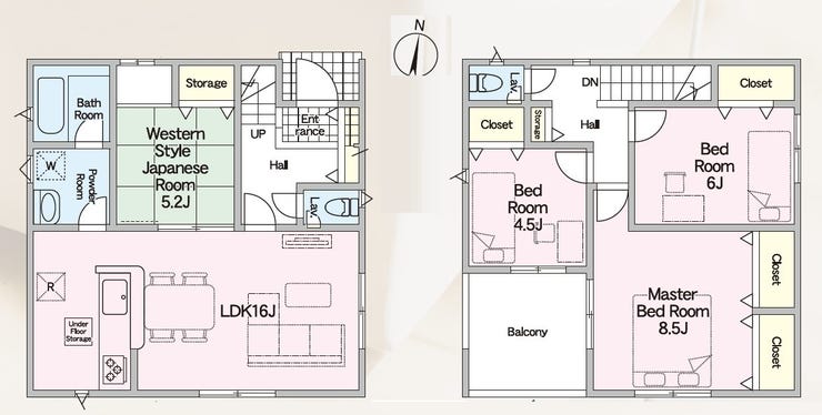 【間取り】
1階は家族の共有空間、2階はプライベート空間。
暮らしにメリハリを。
