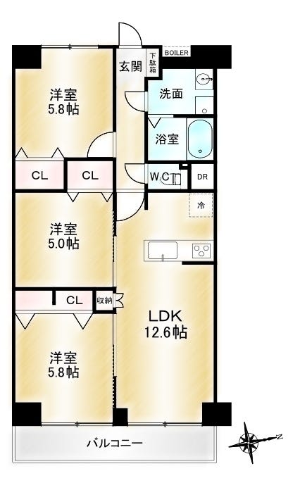 【間取り】
■3LDK■専有面積66.00㎡■バルコニー面積7.98㎡