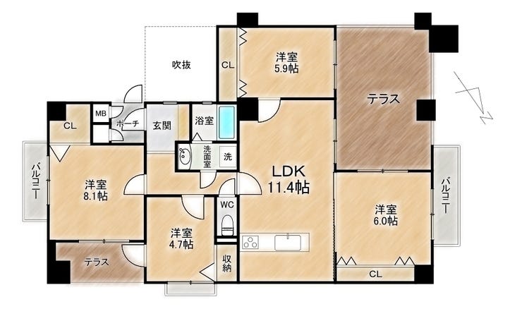 【間取り】
■4LDK■専有面積82.70㎡■バルコニー面積7.50㎡■テラス面積24.21㎡