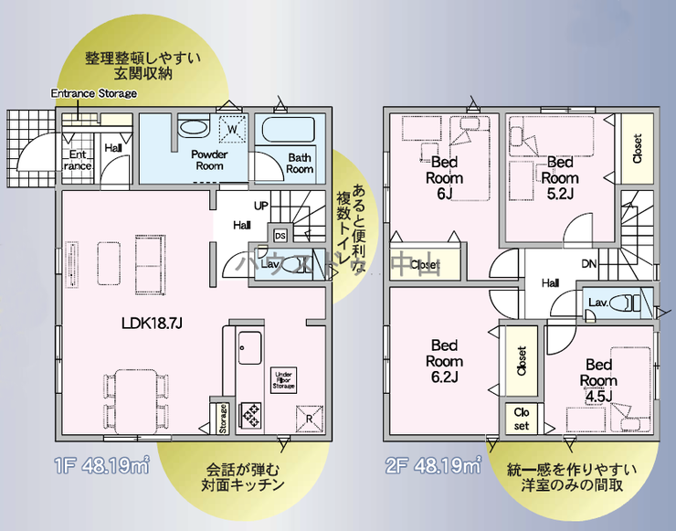 【間取り】
〇家族がリビングに集いやすく自然にお子さんの顔が見られるように、リビングやキッチンの空間づくりを行っています。