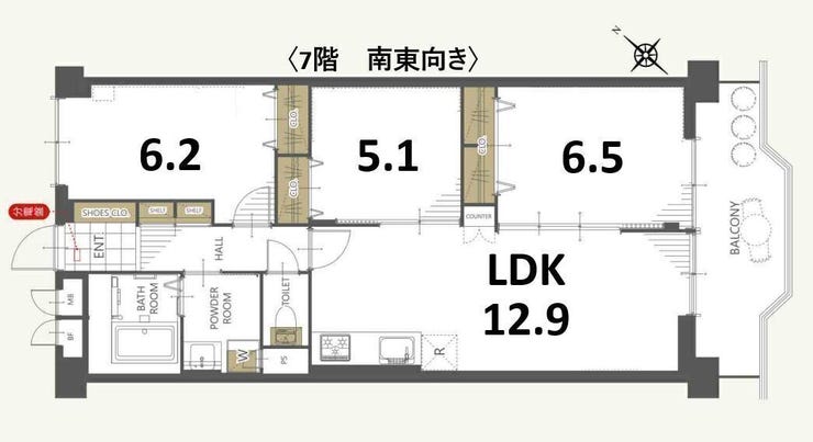 【間取り】
南東向き
7階遮蔽物がなく、眺望良好!