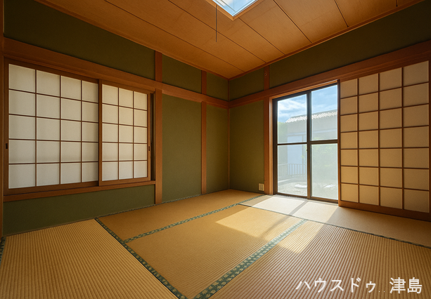 1階和室。扉を開ければリビングと繋がりのある空間になり、広くお使いいただけます!障子越しの優しい光でほっと落ち着ける空間です。
※実際の写真から家具消しの加工行っております。