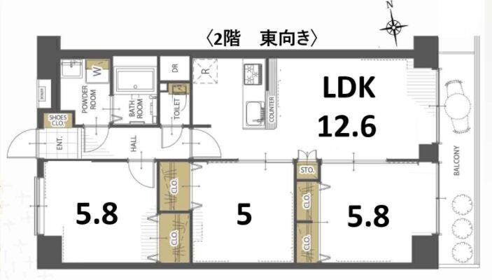【間取り】
全居室にクローゼットがあり、東と西の二面採光