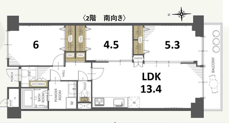 【間取り】
南向き
すべてのお部屋にエアコンが設置可能です。