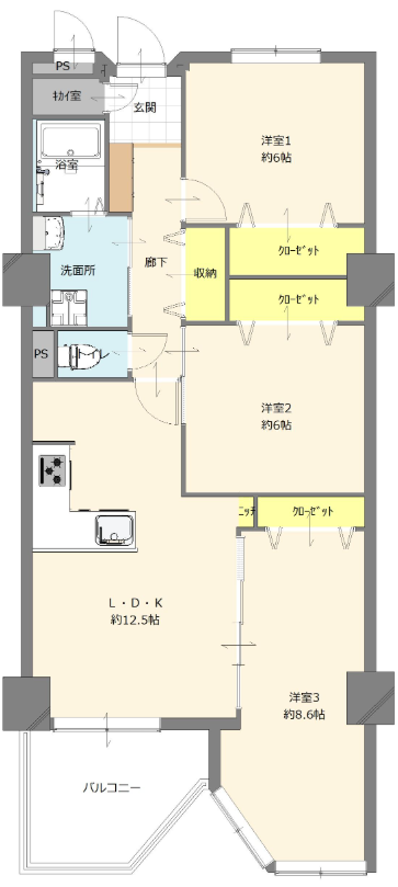 【間取り】
○L字型システムキッチン
 三口コンロで同時に複数のお料理を調理できます♪