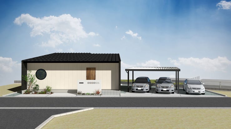 【外観】
白を基調としたシンプルモダンな外観。木目の玄関と黒い屋根がアクセントとなり、洗練された印象を演出しています!
※外観パースはイメージです