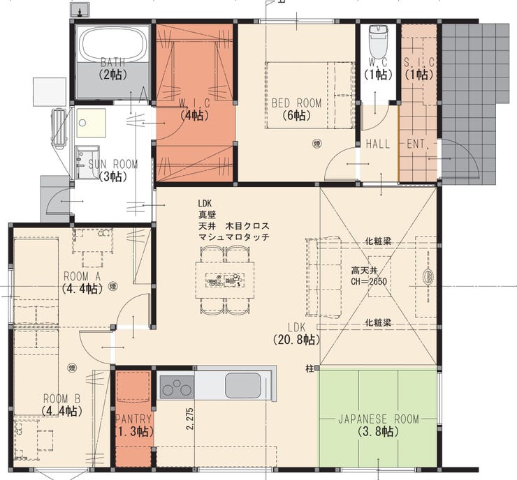 【間取り】
20帖超えの広々LDKは家族が自然と集まる開放的な空間。
隣接する和室は客間やキッズスペースとして多用途に活用できます。大容量パントリーやサンルーム、WICもあり収納力も困りません!
