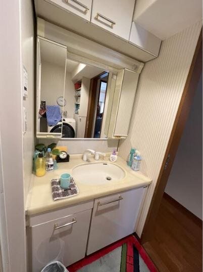 大きなミラーで朝の準備ができる洗面台。