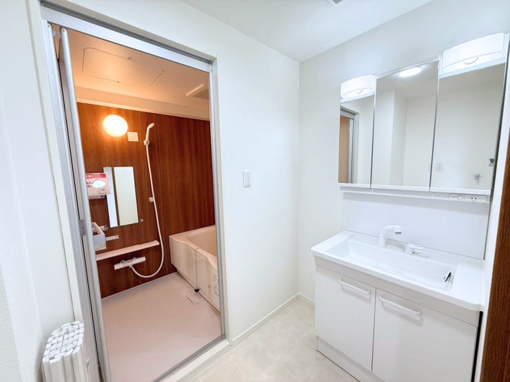 洗面台は横顔もチェックしやすい3面の鏡。鏡後ろは収納スペースとなっており、歯ブラシなどをしまえて便利です。また、洗面下にも収納スペースがあり、入浴剤やお風呂用洗剤などをしまっておけます。