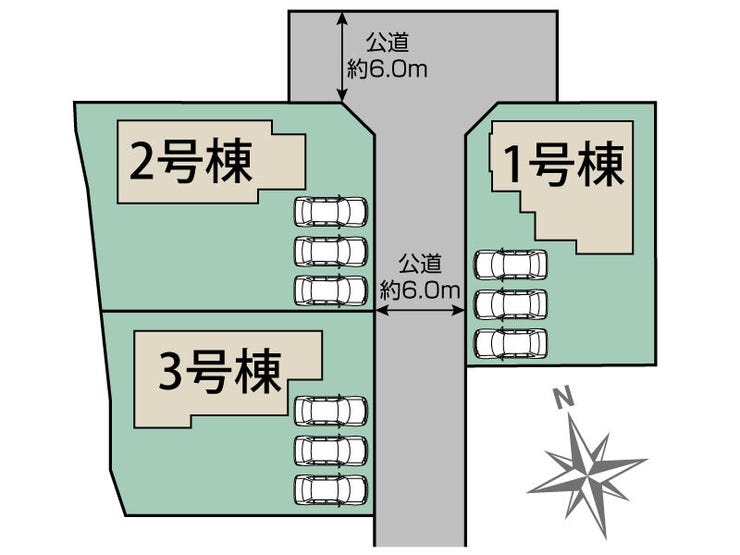 駐車は並列で3台駐車可能です。日当たり、通風良好です♪前面道路は幅6mあり、お車の入出庫も楽々です♪外構工事費込みの販売です。(甲府市羽黒町 新築建売物件)