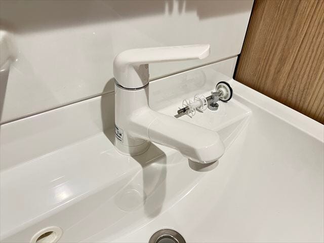 ハンドシャワー付き洗面台。広い洗面ボウルでは楽にシャンプーや手洗い洗濯ができます。