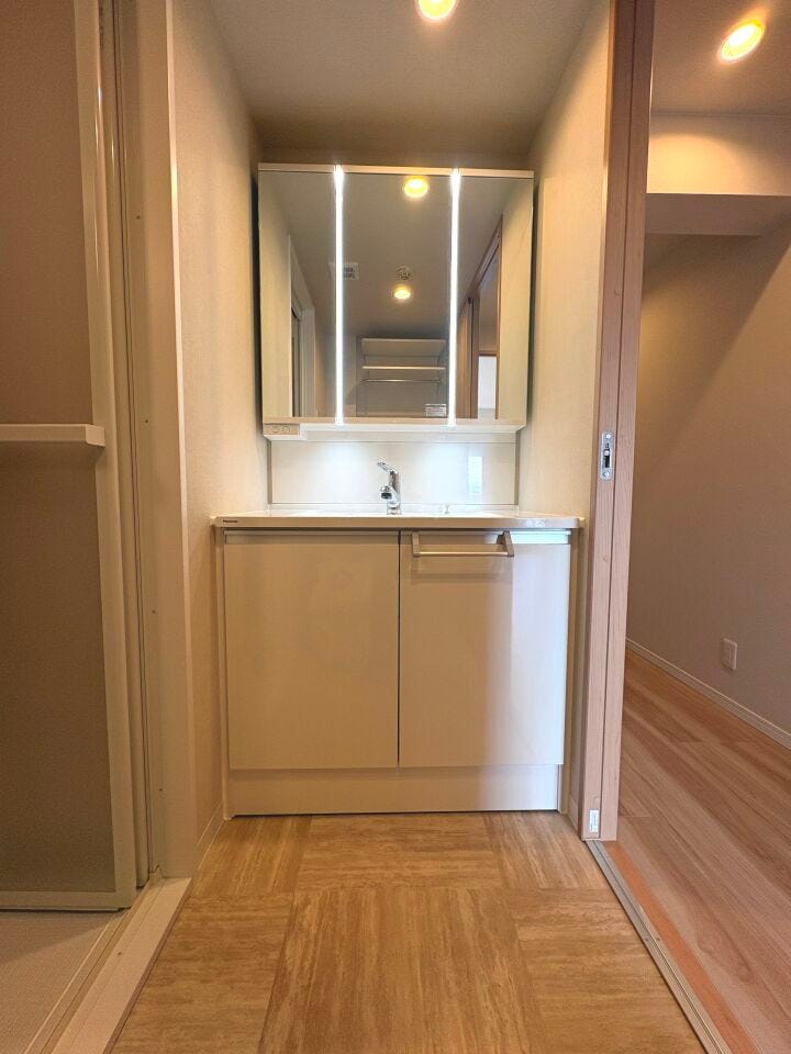 三面鏡の洗面化粧台。シャワー機能付きで衣類の手洗いや洗髪に活躍します!