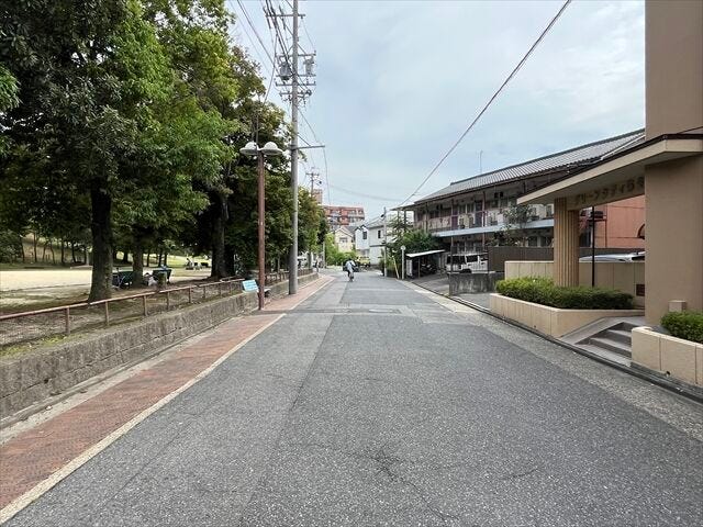 マンション北西側前面道路です。道路の向かいには「笠寺公園」があります。
