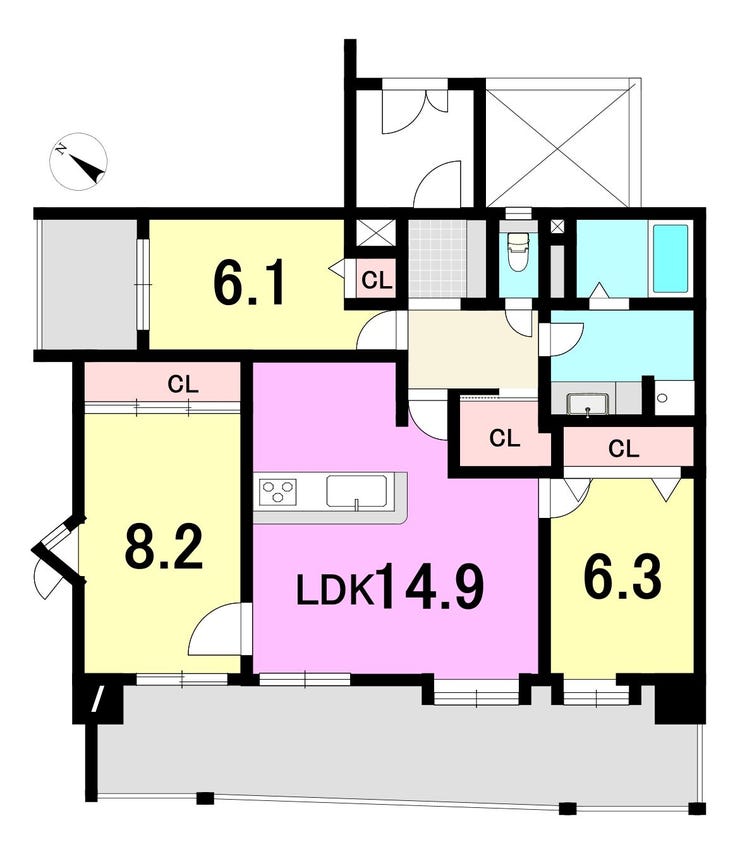 【間取り】
専有面積80.75㎡の3LDK。角部屋につき、陽当り良好です。