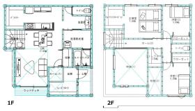 建物プラン例、間取り図となります。キッチン脇にはパントリー、玄関にはシューズクローク、寝室にはウォークインクローゼット、その他ストックルームなど収納が多く機能的。