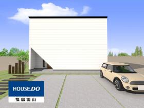 建物プラン例、外観パースとなります。ファサードから玄関が丸見えにならず、印象的なお建物です。