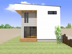 建物プラン例、外観パースとなります。オーバーハングの屋根など遊び心のあるプランです。