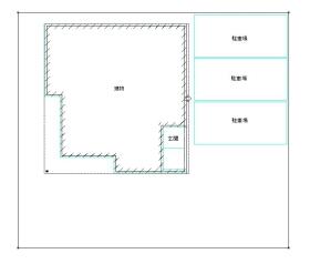 建物プラン例、配置図となります。約70坪の土地面積を活かし、建物の日当たり確保、追加の駐車場、お庭など検討いただけます。