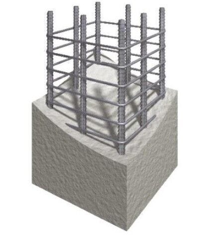 【柱構造】本物件の柱構造は、固くて太い異型鉄筋を縦方向に配し周りに鉄筋のフープを巻き付け、その上に型枠を組み込み、コンクリートを流し込んで固め、頑強な鉄筋コンクリートの柱に仕上げます。(柱構造概念図)