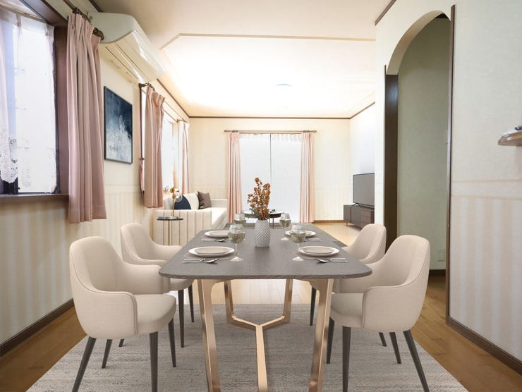 光があふれる開放的なリビングは、家族の会話が弾むダイニングスペースにぴったり※現況の物件写真に、引渡し時のイメージとして CG による画像処理がされています。