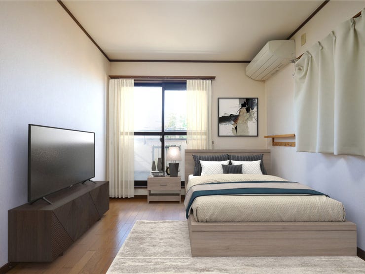 バルコニー越しの光と風が、洋室にやさしく届く心地よさ※現況の物件写真に、引渡し時のイメージとして CG による画像処理がされています。