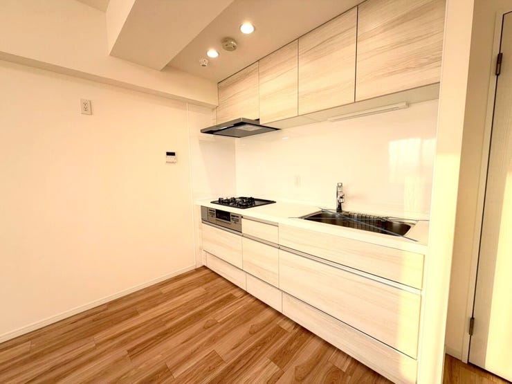 【Kitchen】
壁に沿ってキッチンを配置することで、キッチンの後ろに位置するリビングやダイニングルームのスペースを広く活用することができます。