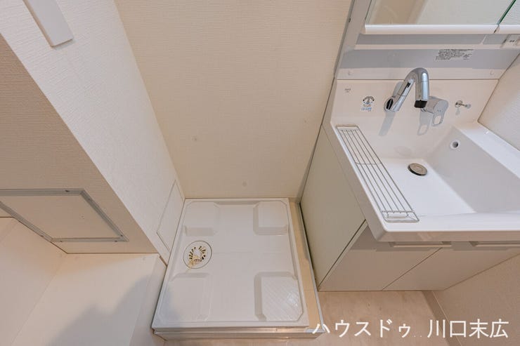 お手入れのしやすさに配慮された洗面ボウル。ウェットエリアとドライエリアが設けられており、石鹸やコップの一時置きにも便利な機能的なデザインです。