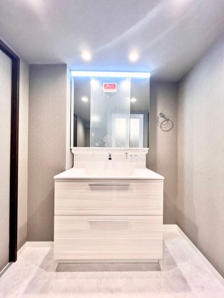 三面鏡の裏にたっぷり収納できる洗面化粧台を採用。洗面ボウルは広めで、水ハネしにくくお掃除もラクに◎