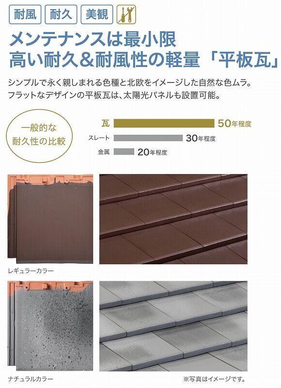 高い耐久性と耐風性がうれしい、太陽光パネルも設置可能な「平板瓦」を採用。山陰の景色にマッチする瓦ならではの美しさと、メンテナンスが楽なのもうれしいポイント。