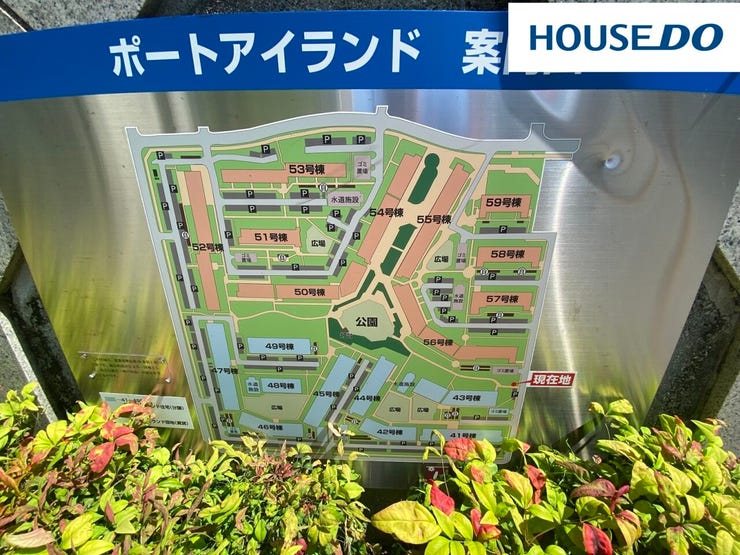 ポートアイランド案内図♪公園や広場(複数)があり緑豊か☆ゴミ置き場も複数有り☆ポートアイランド住宅41~49号棟(分譲)、ポートアイランド団地50~59号棟(賃貸)。