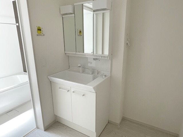 お手入れしやすく使いやすい3面鏡付きの洗面台。収納スペースも広く、洗剤や掃除道具をたっぷりと収納できます。