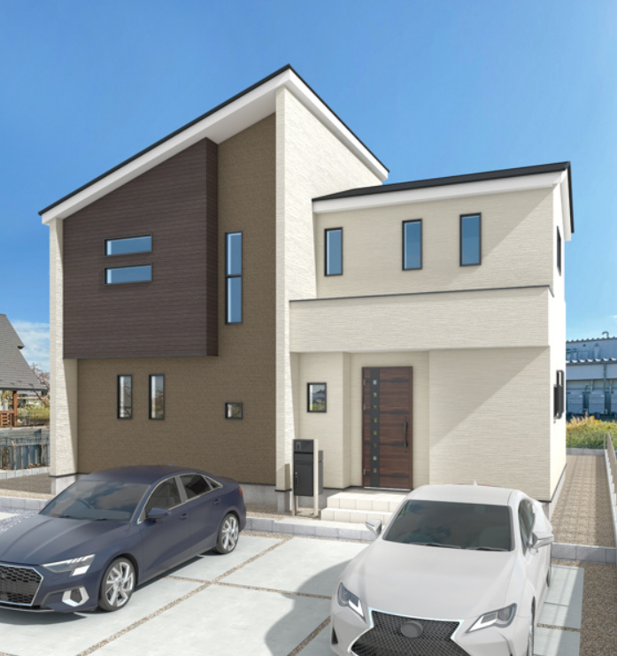 【外観】
2色のウッド柄を組み合わせたスタイリッシュな外観。片流れ屋根が街並みに映えるデザイン。シンプルながらも存在感がある外観です。※現地写真にパース合成したものです