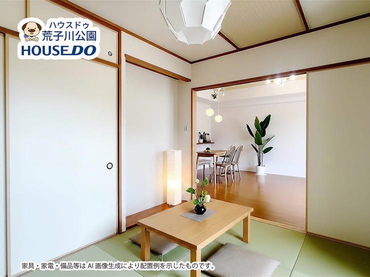 6帖和室。
琉球畳を使ったモダンな和室。
※家具・家電・備品等はAI画像生成により配置例を示したものです。