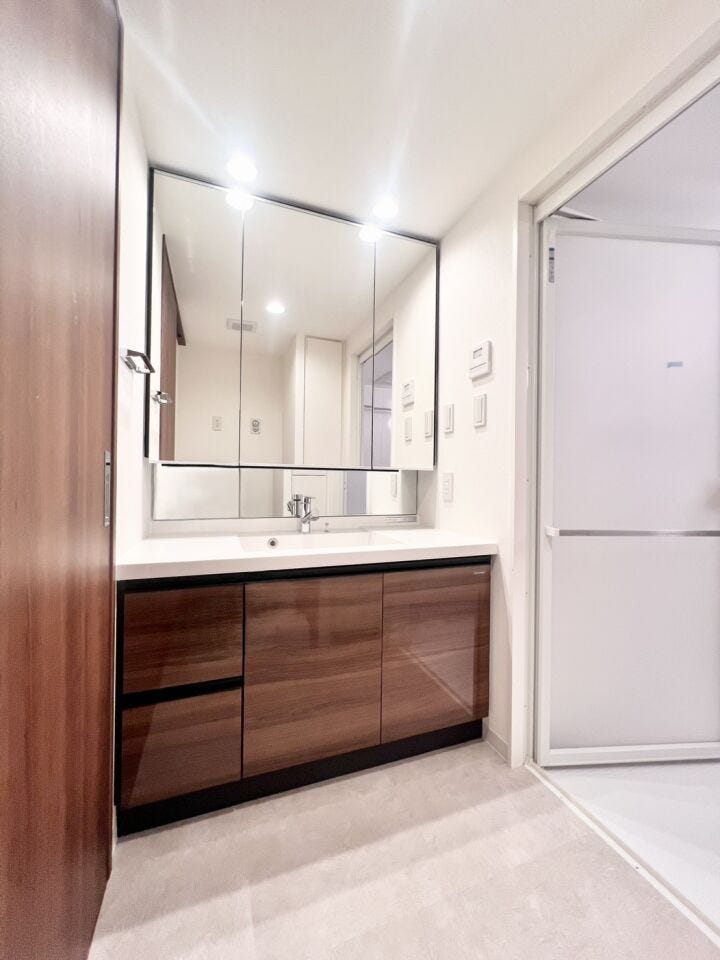 三面鏡裏収納付きの洗面化粧台で、化粧品や日用品もすっきり収納可能♪カウンターにゆとりがあり、朝の身支度やドライヤー使用時も快適です。