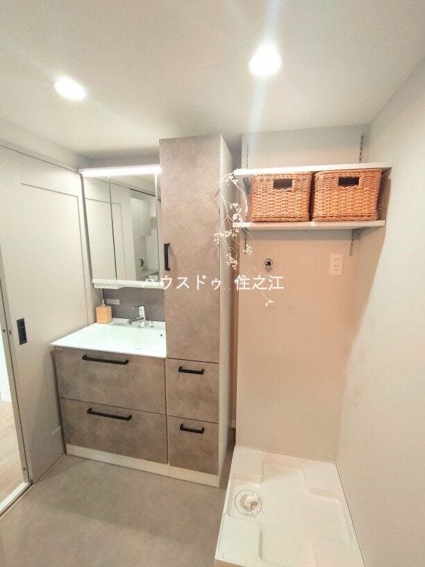 大きな三面鏡付きの洗面台です。たっぷりの収納を設けたシャワー付です