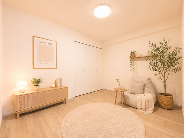 白を基調としたお部屋には、どんなインテリアも合わせやすく、
開放感や清潔感ある空間にしてくれます。