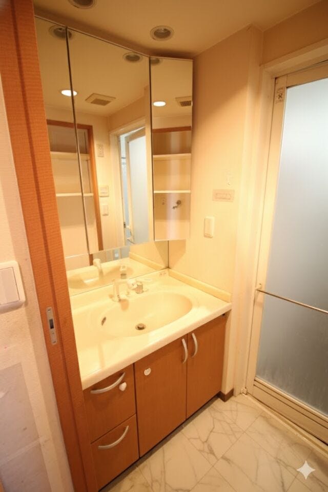 *リフォームイメージ*
鏡の裏が収納スペースになっているので、散らかりがちな洗面用具を隠して収納可能です。
(CG加工のため、現況とは異なります)