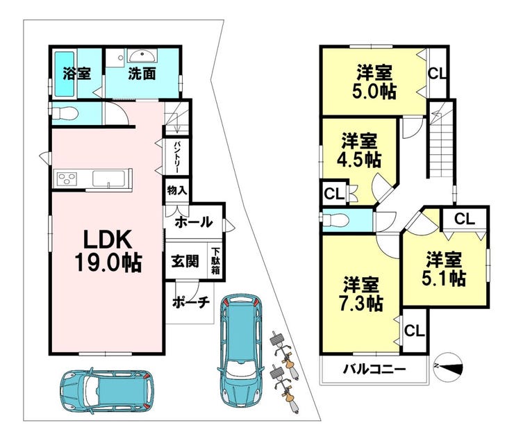 【建物プラン例(間取り図)】
参考プラン建物面積1F 48.33㎡ 2F 49.41㎡