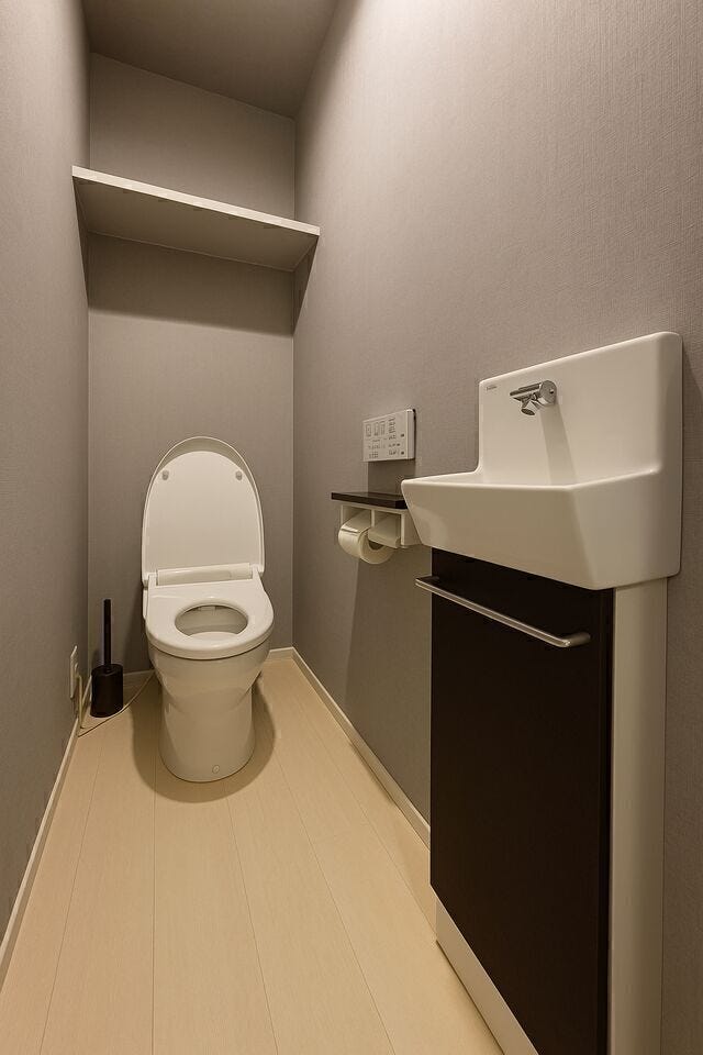 お手洗いは2か所にあるので来客用と使い分けたりなども可能★
こちらはシックな空間になっています。
温水洗浄暖房便座付き。
※小物類を削除する修正を行っております。