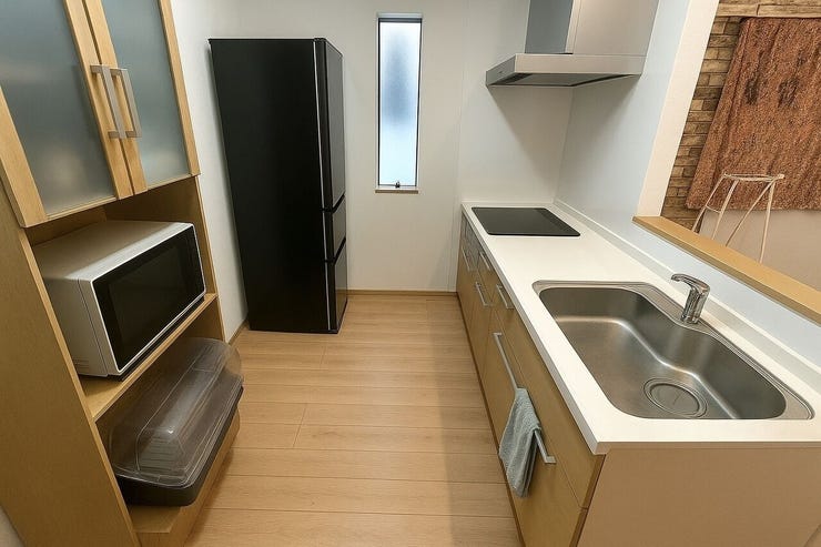 対面式キッチンはリビングで過ごす家族とコミュニケーションをとりながら家事ができるので奥様に喜ばれます♪
【※画像はAI加工により荷物等を消去しています。】