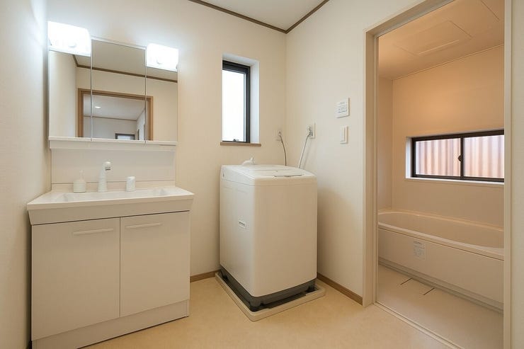 一日の始まりと終わりを心地よく演出してくれるリフレッシュ空間♪
洗面台ミラー内側が収納スペースになっていて、洗面周りがスッキリ!
【※画像はAI加工により荷物等を消去しています。】