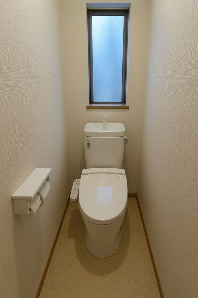 温水洗浄便座機能付きで快適にお使いいただけます♪窓もあるので換気もバッチリです!
【※画像はAI加工により荷物等を消去しています。】