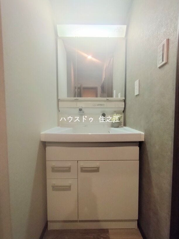 大きな三面鏡付きの洗面台です。たっぷりの収納を設けたシャワー付です