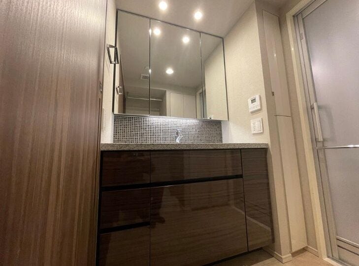 三面鏡裏にも収納可能な洗面化粧台。