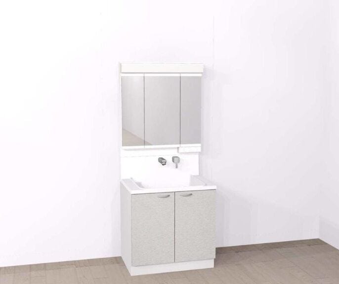 ハウステック製洗面化粧台
お手入れしやすい排水口と壁付水栓で家事ラク。三面鏡裏・キャビネット収納つき。
