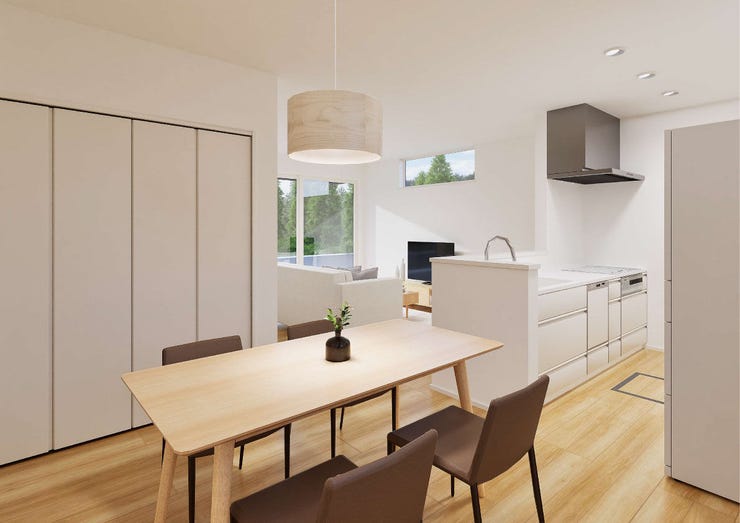 キッチンからリビング学習の様子を見守れる安心設計。家事をしながら自然と家族の時間を共有できます。