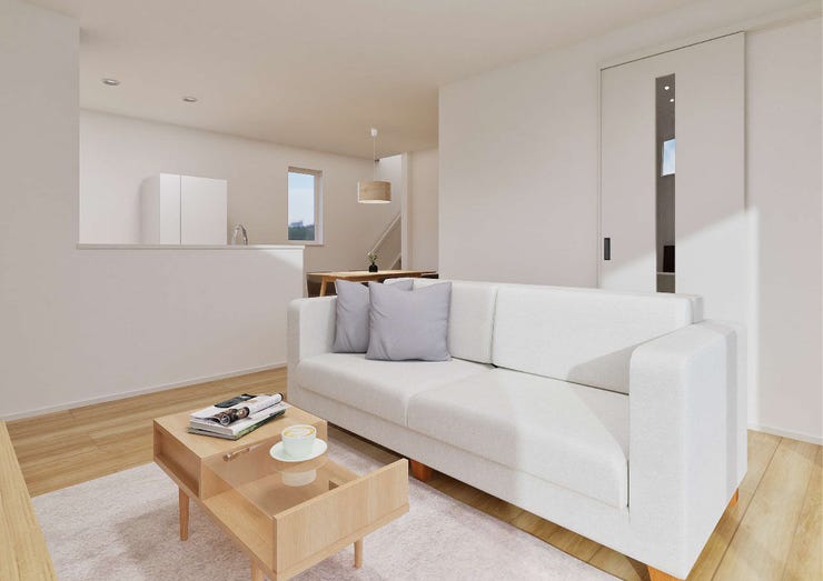 キッチンからリビング学習の様子を見守れる安心設計。家事をしながら自然と家族の時間を共有できます。