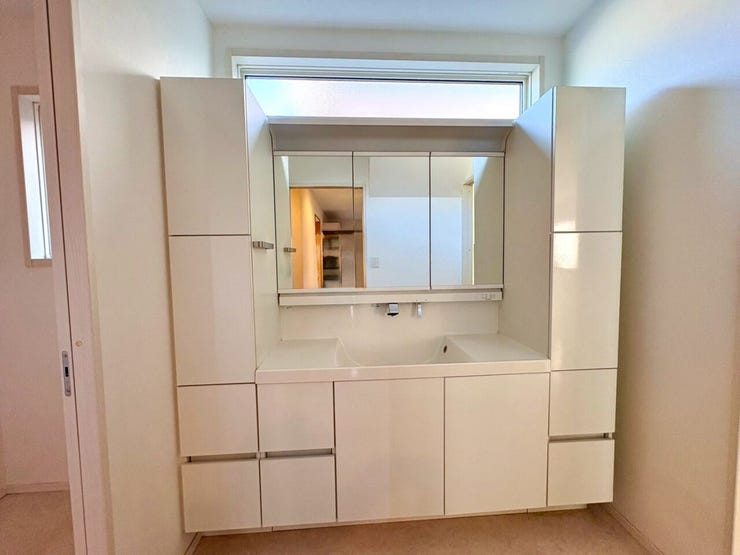 洗面台は大きく収納も両サイドに大きくついてます