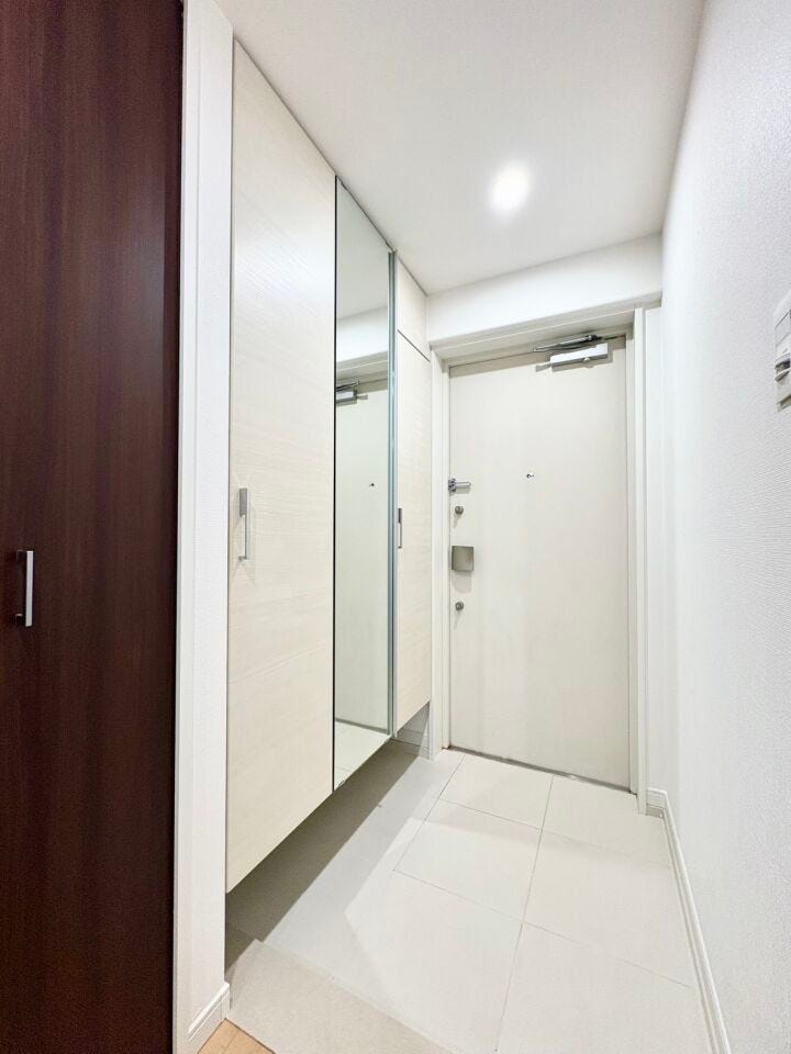 玄関には下駄箱がついています。靴なども下駄箱に収納してスッキリとした玄関を保てます。大きな全身鏡が付いているので、お出かけ前のチェックに便利です。また、空間を広く見せてくれます。