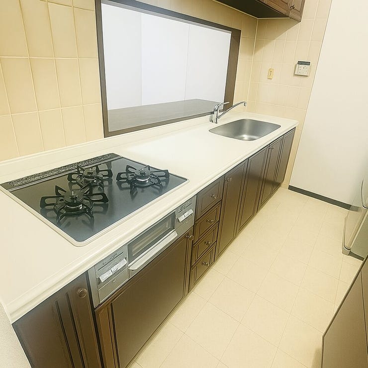 3口コンロ付き
カウンタータイプのシステムキッチン★
ご家族との会話を楽しみながら炊事ができます!
※小物類を消去する修正をしております。
